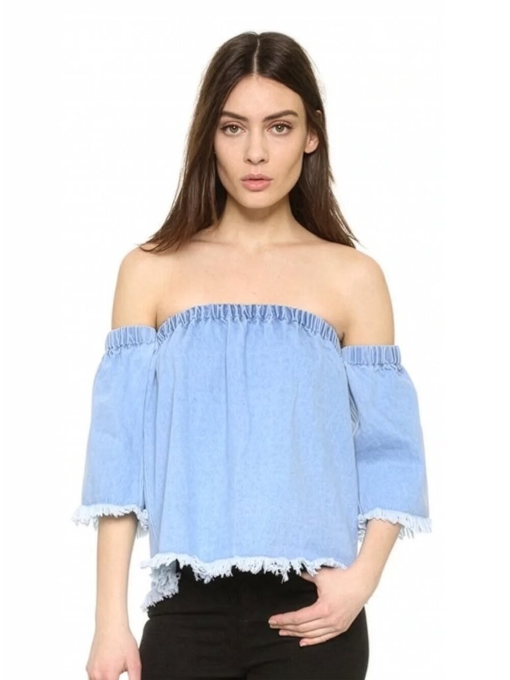 J.O.A. Off the Shoulder Frayed Denim Top Women's Size M Light Wash RARE Boho EUC - Picture 12 of 13